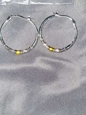 Silver Hoop Earrings with Gold Accent Bead - Women Jewelry